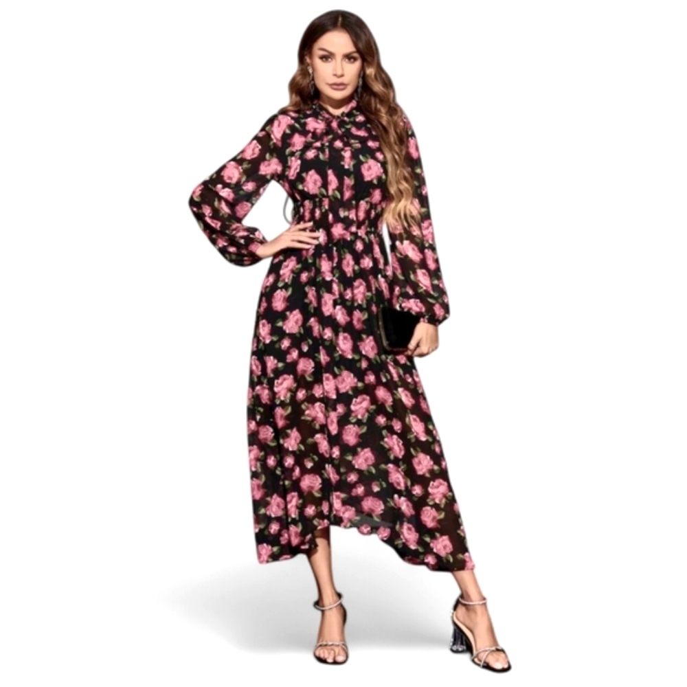 #124 Floral Black and Pink Maxi Dress Size 4 NWT